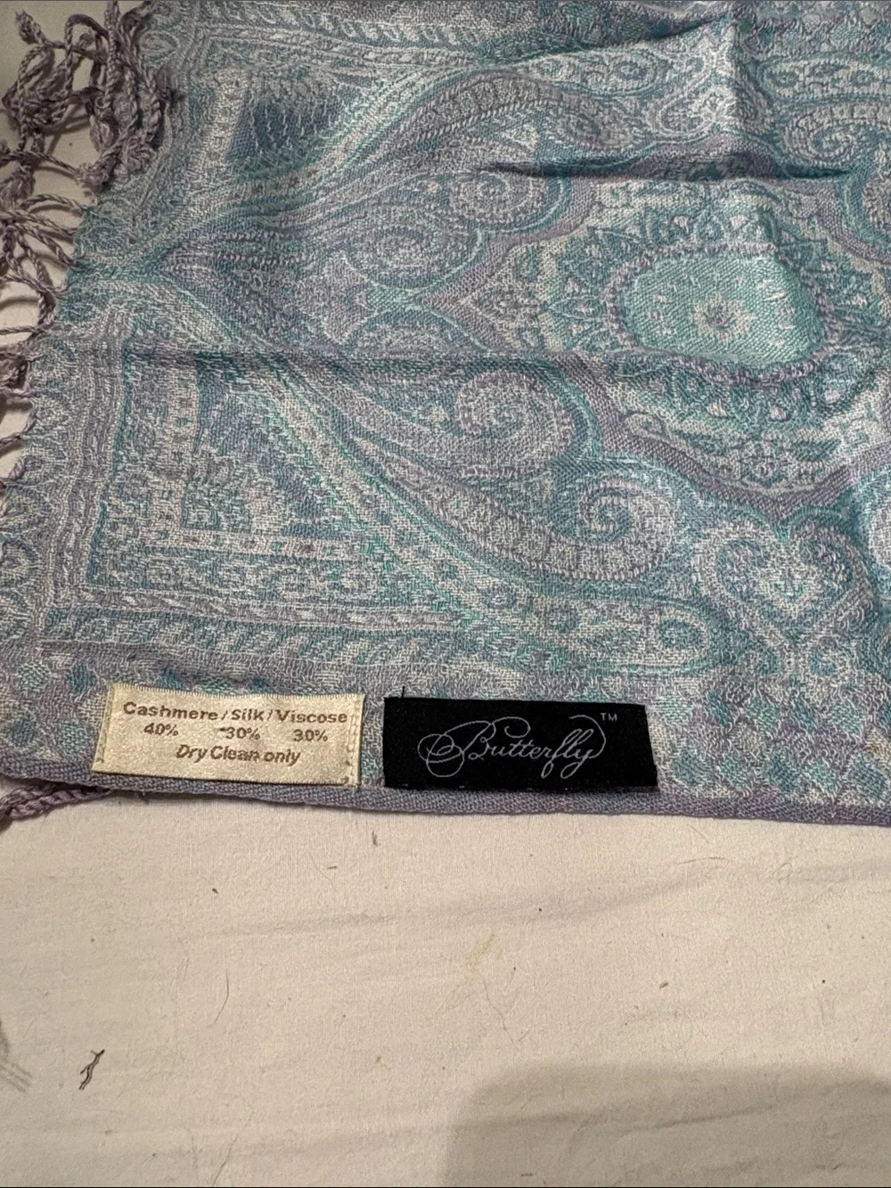 Butterfly Cashmere/Silk/Viscose Pastel Ice  Blue & Lavender Paisley Fringe Scarf